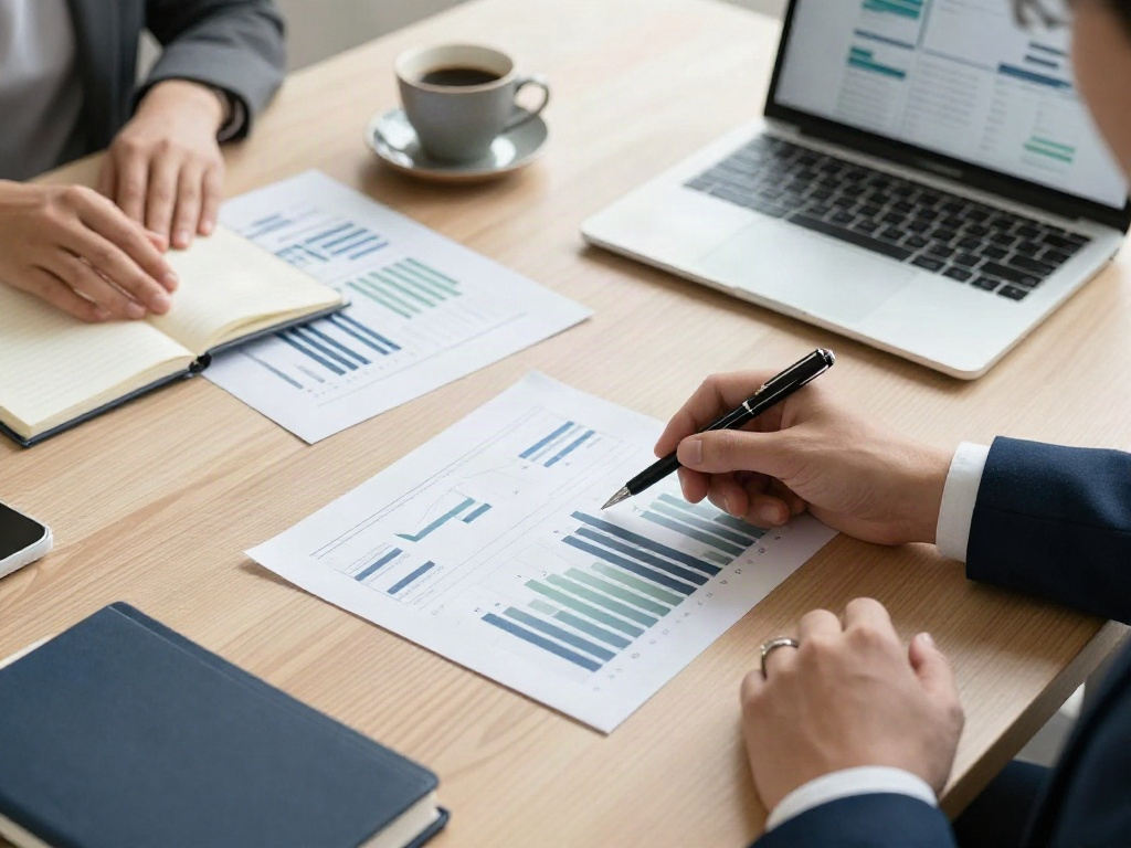A hands-on business review with printed analytics and a strategic planning notebook