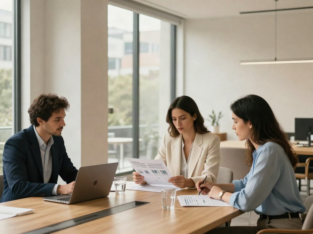 Consulting team reviewing business analytics together in a sunlit office